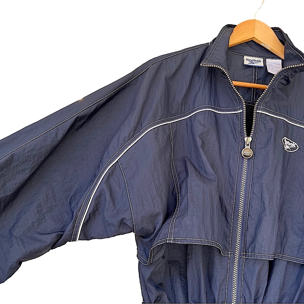 Vintage 80s Blue Reebok Track Jacket XL Windbreaker Drawstring Waist Y2K Navy’s